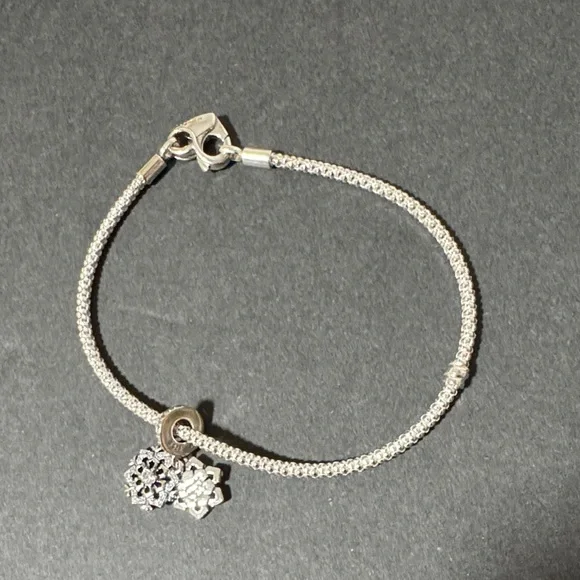 Pandora Sparkling Snowflake Double Dangle Charm Silver Bracelet - Picture 2 of 8
